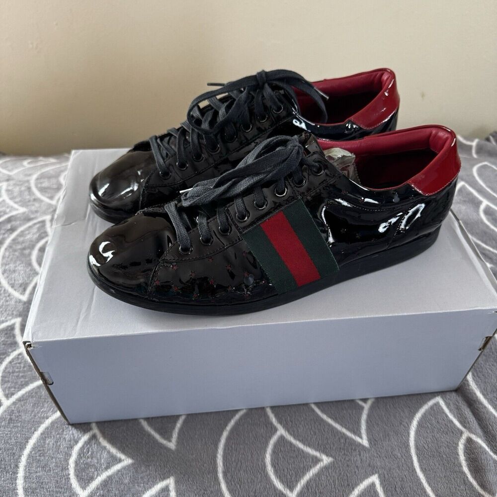 Gucci Black Patent Leather Casual Low Top Lace Up Reflective Men's Shoe Sz 9.5 - Picture 1 of 16
